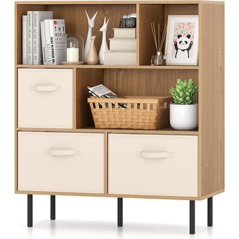 COSTWAY Libreria a 6 Cubi, Scaffale a 3 Livelli con 3 Cassetti in Tessuto Pieghevoli, Organizzatore Autoportante con Gambe in Metallo per Soggiorno, Ufficio, 90 x 40 x 105 cm (Naturale) (1/5)