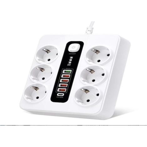 Irovami Prise jack à 6 positions à grand pas, 5 ports USB + 1 port USB-C pour la charge, blanc UE (1/5)