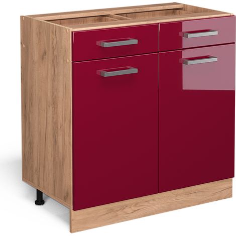 Mobiletto base per cucina R-Line, Rosso bordeaux lucido, 80 cm senza piano di lavoro, Vicco
