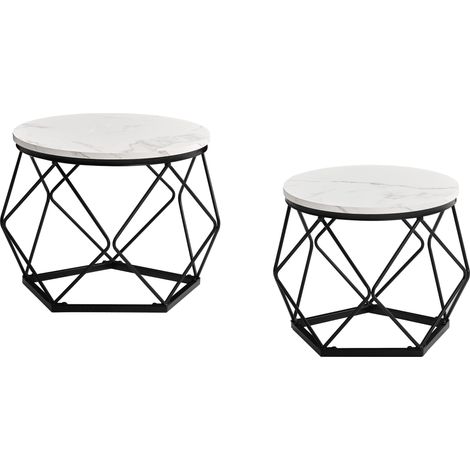 Brooklyn Round Geometric Shaped Nest of Tables Set of 2 MDF Wood Coffee Side End Table, Marble