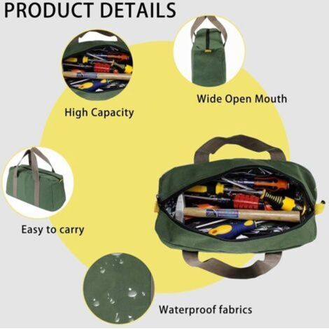 Sac à outils à large ouverture 13 pouces, petit sac à outils en toile polyvalent, sac à outils étanche pour outils lourds, organisateur de sac à outils d'électricien professionnel (petit) (1/4)