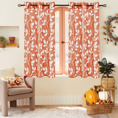 Lot de 2 rideaux courts pour fenêtre de salle de bain, cuisine, citrouille, motif floral d'automne pour chambre à coucher, salle à manger, décoration de baie vitrée, 122 cm de long, orange brûlé (1/5)