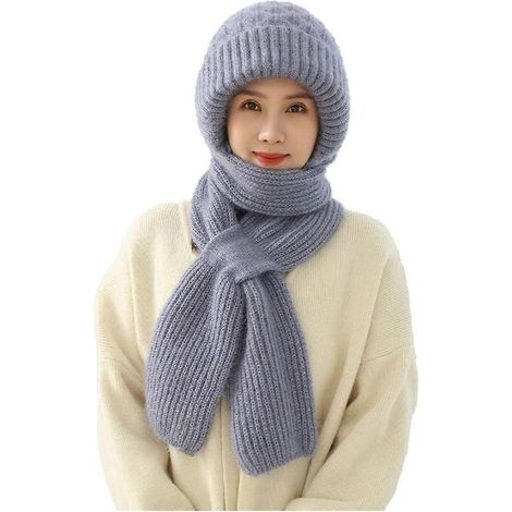 Cagoule doublée en peluche pour femme, en acrylique, avec capuche, écharpe, bonnet, coupe-vent, protection d'oreilles intégrée, bonnet d'hiver tendance - E (1/5)