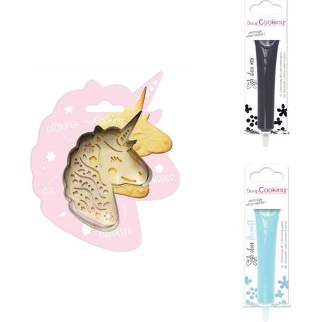 Kit pour biscuit en relief Licorne + 2 Stylos au chocolat noir et bleu pastel