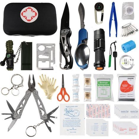 141PCS Kit de survie Équipement d'urgence Trousse de premiers soins Équipement de survie en plein air Fournitures d'urgence pour randonnée Camping Chasse Cyclisme Aventures en plein air (1/5)