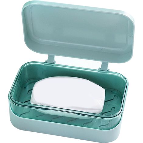 Jabonera portátil con tapa y bandeja recogegotas extraíble – Material PP – Azul – Diseño rectangular (13,3 x 8,5 x 5 cm) – Ideal para viajes, baño y cocina (1/5)