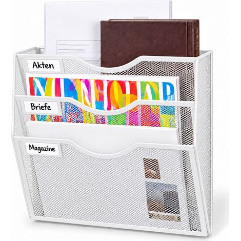 Relaxdays Zeitschriftenhalter Wand, A4-Hochformat, 3 Fächer, Metall, Dokumentenablage HBT: 30,5x32,5x11 cm, weiß (1/5)