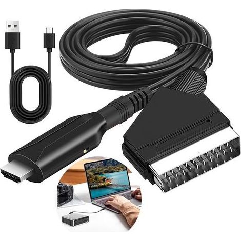 Convertisseur Péritel vers HDMI, Adaptateur Peritel vers HDMI avec Câble HD 1080p/720p Adaptateur Audio Vidéo Péritel Tout en Un Câble Péritel versHDMI pour HDTV STB VHS Xbox PS3 Sky DVD Blu-ray (1/5)