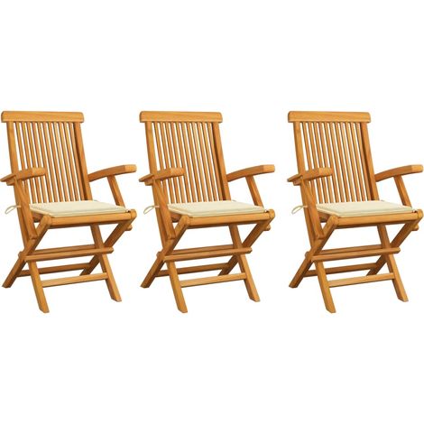 Lot de 3 Chaises de jardin,Siège de Terrasse Chaise d'extérieur avec coussins crème Bois teck massif CFW933142 (1/5)