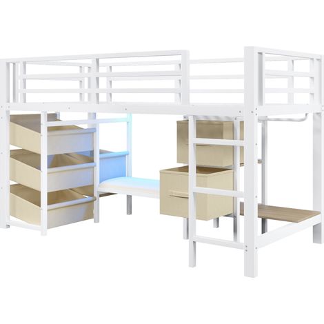 Cama semialta 90 x 200 cm de metal blanco con cojín, LED y almacenaje (1/5)