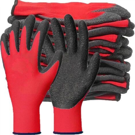 12 paires de gants de jardinage rouges (22-24 cm), unisexes, revêtement en caoutchouc respirant, ajustement sûr, antidérapants (1/5)