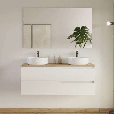 Meuble de salle de bain 120cm avec plateau miel et 2 vasques à poser Ares - 2 tiroirs - blanc - LUNA (1/5)