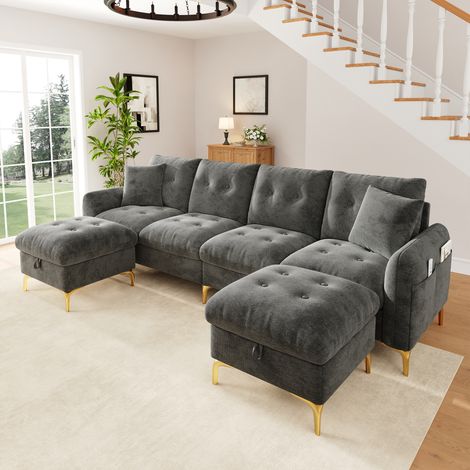 Canapé Panoramique Convertible Modulable 4 Places 263x137x85 cm, Forme U/L, 2 Poufs Coffres, Ressorts Ensachés, Chenille Gris (1/5)