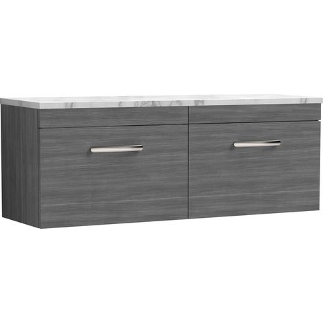 Nuie Athena Wall Hung 2-Drawer Vanity Unit with Carrera Marble Worktop 1200mm Wide - Anthracite Woodgrain (1/4)