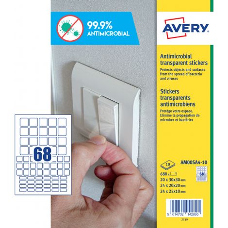 AM00SA4-10 Avery 680 Stickers carrés antimicrobien tailles assorties (AM00SA4-10) - Lot de 680 Stickers carrés antimicrobien tailles assorties avec adhésif permanent (1/5)