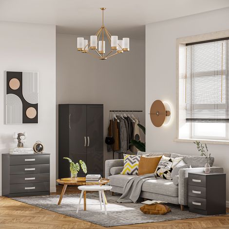 Lot de 2 tables de chevet design gris 40x36x56 cm, 3 tiroirs, pour chambre et salon, en panneaux de particules (1/5)
