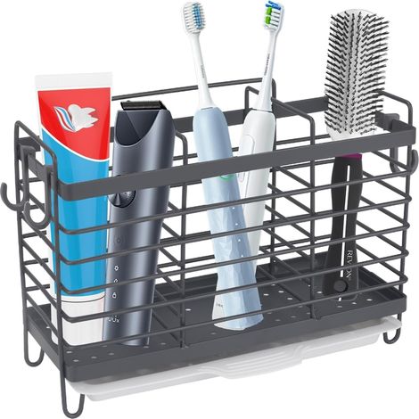 Soporte ventilado de acero inoxidable para cepillos de dientes, no requiere perforación, con 4 ganchos para pasta de dientes, maquinilla de afeitar, baño