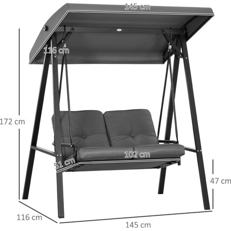 Balançoire Hollywood 2 places pour jardin ou balcon, avec auvent réglable, coussins et banc intégré. Charge maximale : 220 kg. Couleur : gris foncé. Dimensions : 145 x 116 x 172 cm.