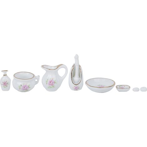Lot de 8 accessoires de salle de bain rose en porcelaine miniatures 1:12 pour maison de poupée DIY. (1/5)