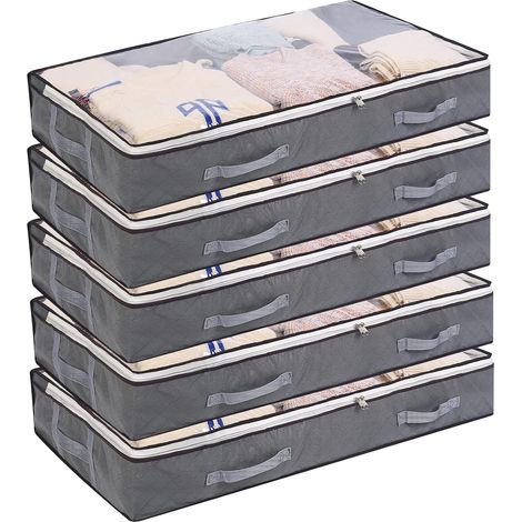 Juego de 5 piezas que incluye bolsas de almacenamiento para debajo de la cama, bolsas plegables para ropa, cajas de almacenamiento de 75 litros con ventana de visualización, asas reforzadas y organiza (1/4)