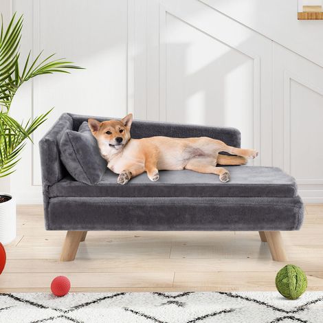 Canapé Lit pour Chien et Chat Surélevé Confortable en Tissu Peluche Gris avec Pieds en Bois pour Intérieur Salon (1/5)