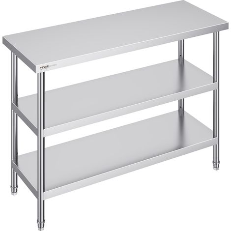 VEVOR Mesa de Preparación de Alimentos 457x1219x864 mm Mesa de Trabajo de Cocina Comercial de Acero Inoxidable con 2 Estantes Inferiores Ajustables Mesa de Preparación para Parrilla, Cocina, Hogar