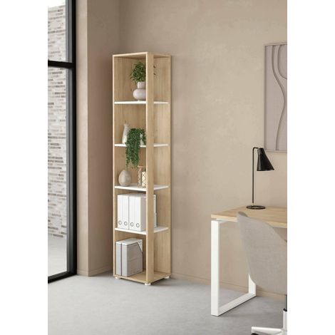 Dmora - Estante para libros Baaz, Estante de oficina, Porta libros móvil, Biblioteca, 41x34 h205 cm, Roble y Blanco (1/5)