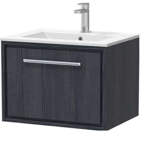 Longnor 1 Drawer Wall Hung Vanity Unit with 1 Tap Hole Minimalist Basin, Woodgrain Graphite Grey, 600mm