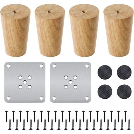 Set di 4 gambe dritte per mobili in legno massello, alte 8 cm, complete di piastra di montaggio, viti e piedini antiscivolo per divano e tavolo - Crezuo (1/4)