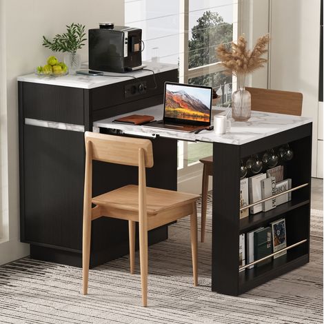 Isla de cocina con ruedas extensible, mesa de comedor con LED y enchufes 58-154x80,5x94 cm (1/5)