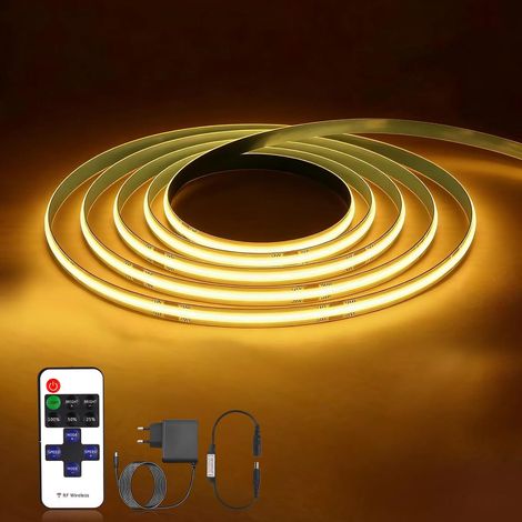 Ruban LED COB 1M, 24V Autocollant Bande LED COB Blanc Chaud 2700K Flexible avec Télécommande et Alimentation, 320LED/M Découpable Largeur 8mm Intérieur Eclairage pour Chambre Cuisine Maison Miroir (1/5)
