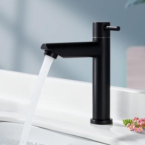 Robinet de Salle Eau Froide Uniquement Noir Mat Robinet Lavabo Robinet d'eau Froide en Acier Inoxydable Style Moderne, portée applicable(Salle de bain,Lavabo,Bassin,WC) (1/5)