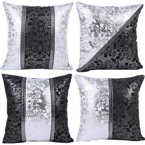 JSSEVN - Unicorn Cushion Cover with Geometric Leaves and Flower Pattern, Pillowcase for Sofa, 45x45cm, Set of 4 (Black and White Porcelain) (1/5)