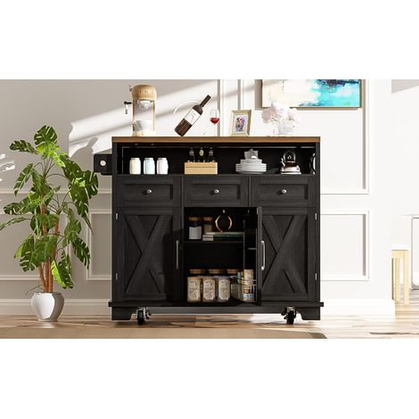 Îlot de cuisine 120x40x98cm, plateau rabattable finition bois, rangement modulable, roulettes pivotantes, porte-serviettes (1/5)