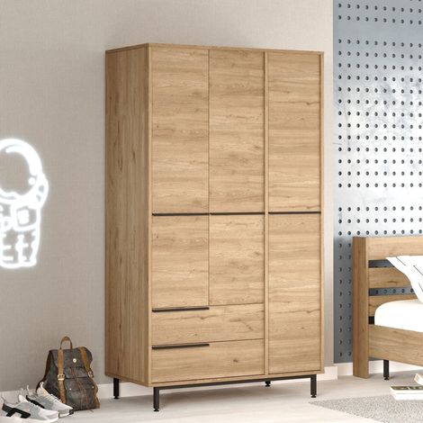 Armario de 3 Puertas Oricola, Dormitorio, 5 Estantes, 2 Cajones, Barra, 112x55 cm Roble Marrón (1/5)