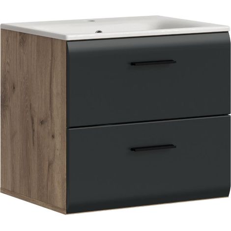 Ice Waschbeckenunterschrank Inkl. Waschbecken 2 Schubladen Schwarz matt, Eiche Dekor.