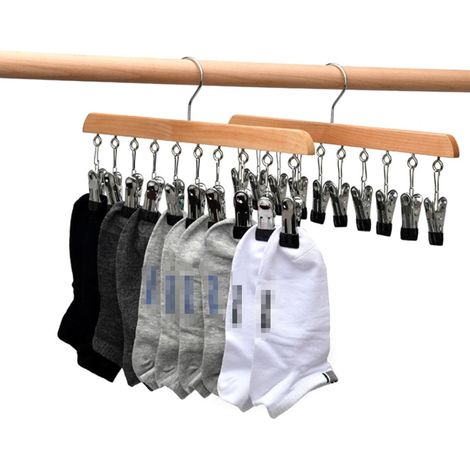 Sèche-chaussettes 2 pièces, étendoir en bois, étendoir coupe-vent avec 10 Clips pour chaussettes, sous-vêtements, chapeau, écharpe, serviettes, semelles intérieures de chaussures (1/5)