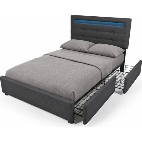 Letto singolo 90x200 cm grigio in tessuto con LED, 2 cassetti, testiera regolabile e materasso - CHICFURN (1/5)