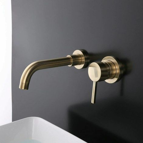 Rubinetto per lavabo da bagno in ottone, montaggio a parete, oro spazzolato, rubinetto per lavabo caldo e freddo scuro - Rubinetto per lavabo in oro spazzolato montato a parete in ottone (1/5)