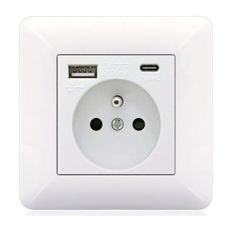Panneau de prises françaises Type-c+USB16A Type 86, nombre de prises : 2 trous, nombre de ports USB : 1, nombre de ports type-c : 1, sûr et ferme(arc blanc) (1/5)