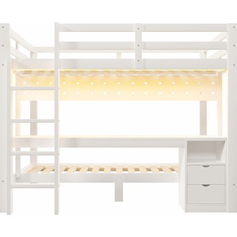Kinder-Hochbett 90x200/140x200 cm aus weißem Kiefernholz mit Schreibtisch, Schubladen und LED (1/5)