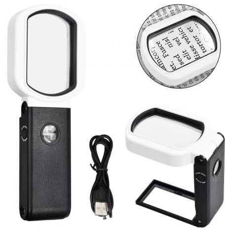 Lupa de lectura portátil de 25X y 10X, lupa de mano con 9 LED y soporte para lectura, joyería y personas mayores. (1/5)