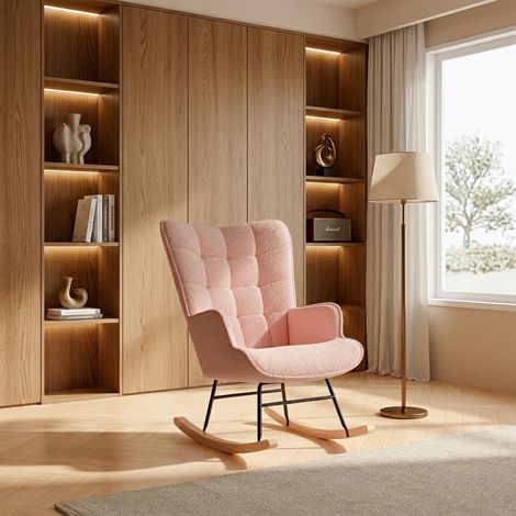 Comanlai - Fauteuil à Bascule, Rocking Chair, Fauteuil de relaxation de salon, Structure en bois massif et métal - Avec dossier haut, En tissu peluche (rose) (1/5)