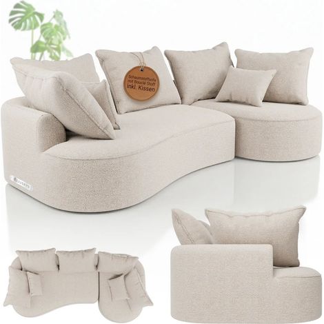 Juskys Sofa Tirano - Boucé Creme, Ecksofa mit L-Form, mit Rücken- & Dekokissen, 4-Sitzer Eckcouch, Schaumstoff - Ottomane rechts
