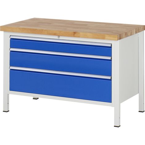 Werkbank Classic B1250xT700xH840mm Buche massiv lichtgrau/blau Schubl.3 Gr.XXL (1/5)