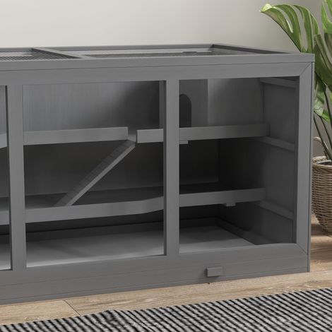 Gabbia per piccoli animali 115x57x55 cm, a più livelli, tetto apribile, legno, grigio (1/5)