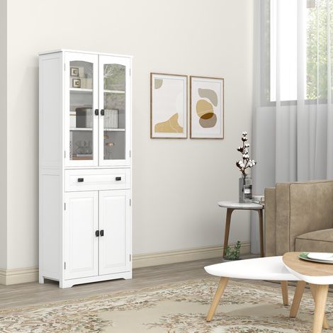 Buffet de cuisine blanc 60x30x160 cm, 2 portes vitrées, tiroir et étagères réglables inclus. (1/5)