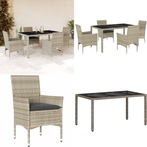 5-tlg. Garten-Essgruppe mit Kissen Hellgrau Poly Rattan Glas - Gartentisch - Gartenmöbel Set - Esstisch - Gartenset - Outdoor Möbel - Home & Living (1/5)