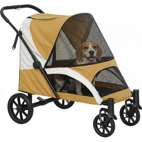 Hundewagen, Faltbarer Hundebuggy für mittelgroße Hunde, Haustierwagen mit 4 Rädern, Sicherheitsleinen, Bremsen, Braun (1/5)
