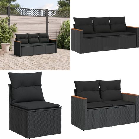 3-tlg. Garten-Sofagarnitur mit Kissen Schwarz Poly Rattan - Gartensofas - Outdoor-Möbel - Gartenmöbelset - Lounge Set - Rattanmöbel - Home & Living (1/5)